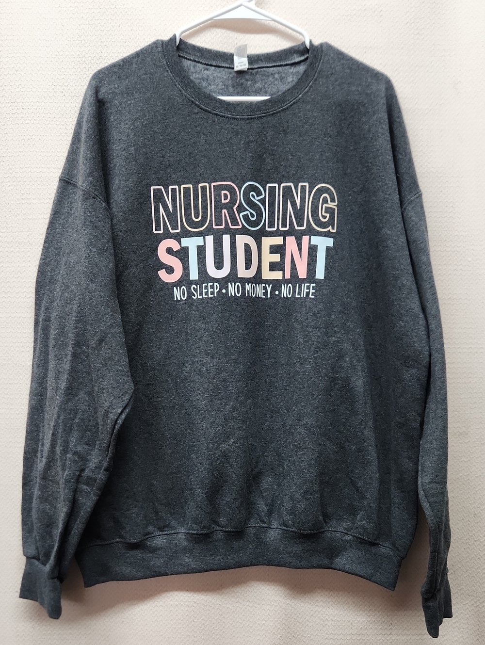 Jerzees Charcoal Nursing Student Crewneck Sweatshirt with Pastel Lettering